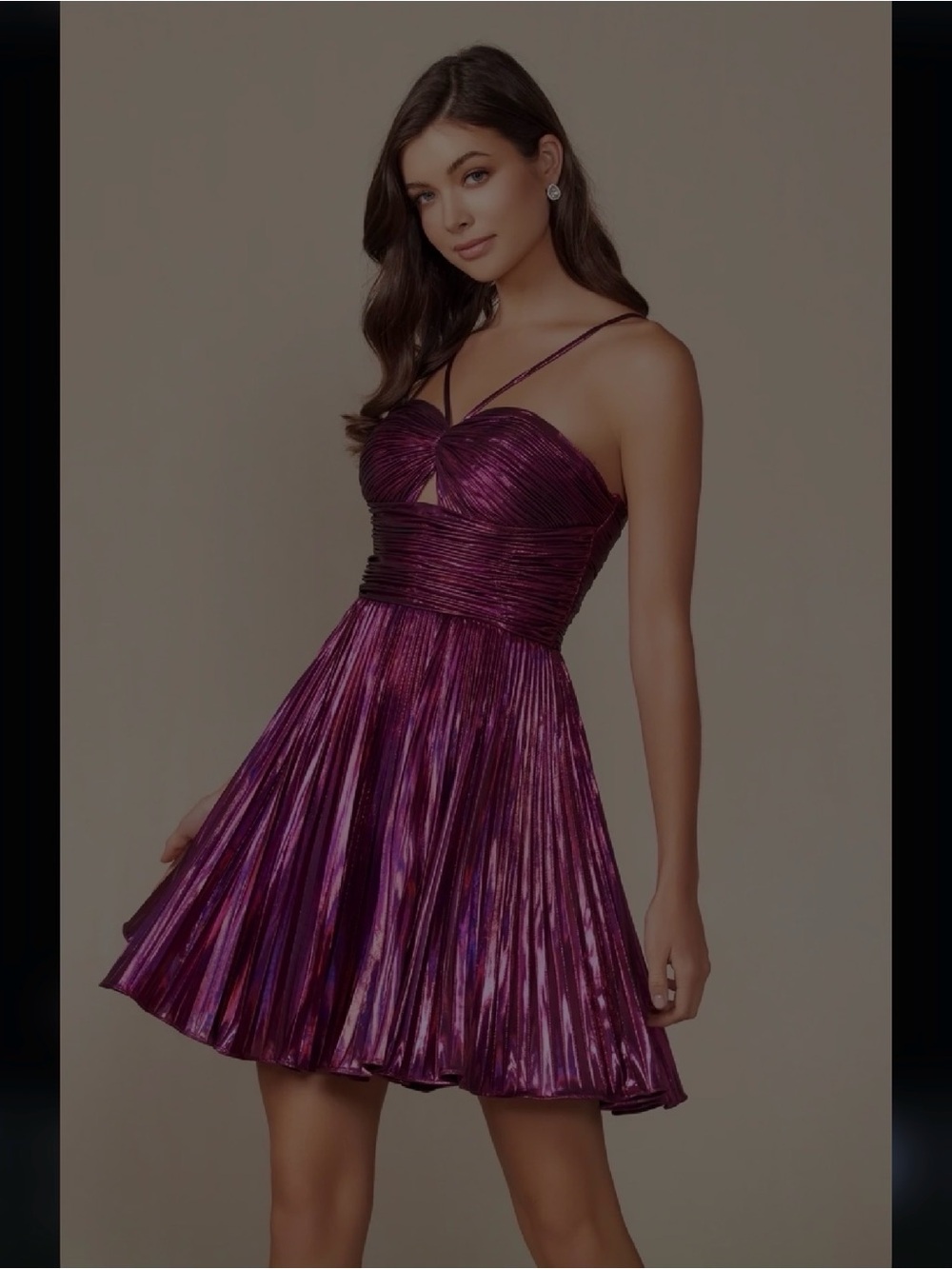 City Studio Metallic Plum Strappy Pleated Mini Dress